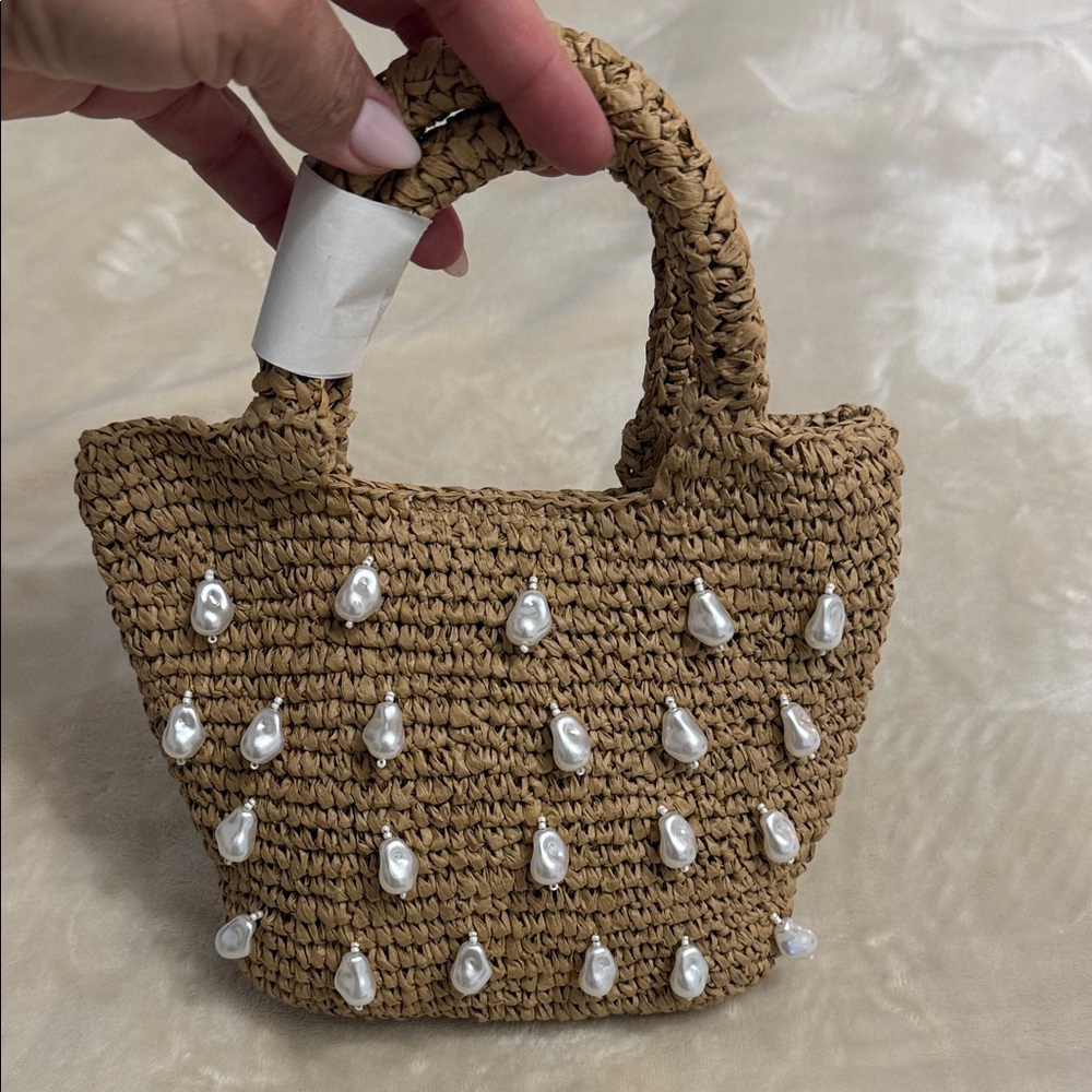 NWT J. Crew Handcrafted Tan Woven Bag with Pearl Accents